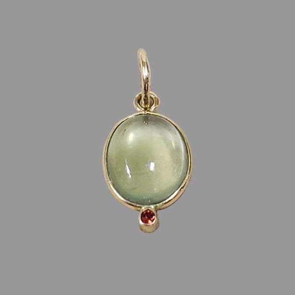 14k Gold Prehnite Pendant • Green Prehnite Cabochon Necklace • Orange Sapphire Accent • Stackable