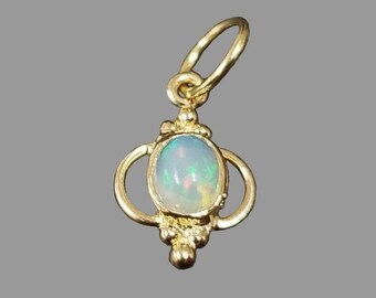 18k Gold Fire Opal Pendant, Natural Ethiopian Opal Necklace, Multi Color Gemstone Jewelry