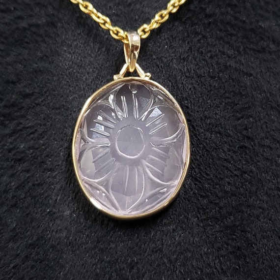 Oval Rose Quartz 9k Gold Pendant: Flower Carving, Dainty Gemstone