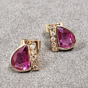 14k Gold Pink Tourmaline with Diamond Studs, Gold Jewelry, Gift For Her, Wedding Gold Earring, Fancy Cut Tourmaline