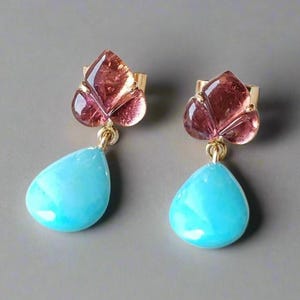 14k Gold Turquoise Flower Earrings: Sleeping Beauty Tourmaline Dangle