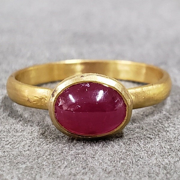 18k Solid Gold Oval Ruby Ring, Statement Ring, Cabochon Red Ruby, Red Cherry, Rare Stone, Matte Gold Ring, Bezel Setted