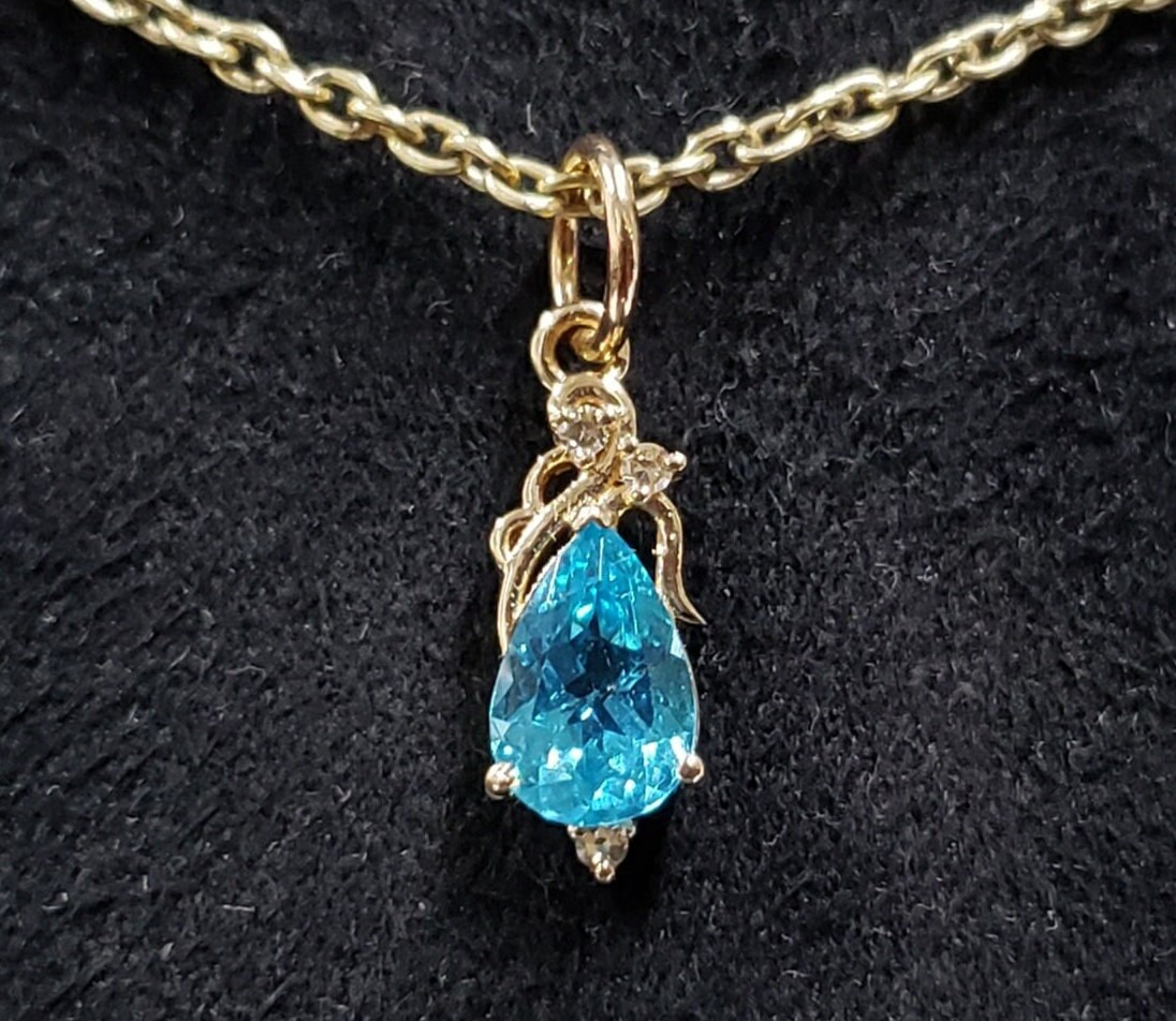 ハンドメイド 14K ゴールド ペアー パライバトルマリン & ダイヤモンド