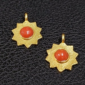 Cabochon Gold Vermeil Red Coral Charms, Round Shape Coral, Star charms, Price Per Piece, DIY, Birthstone, Italian Origin