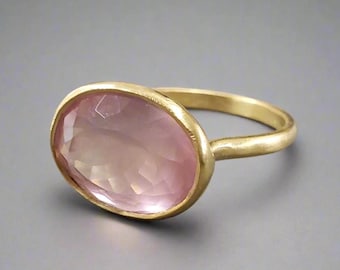 14k Gold Pink Rose Quartz Ring: Bezel Setting, Handmade Gemstone