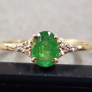 14k Gold Tsavorite and Brilliant Cut Diamond Ring, Prong Cluster Setting, Green Garnet, Oval Tsavorite, Birthstone Ring, Gift for Her