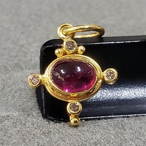 18k Gold Rubellite Cabochon with Diamond Pendant, Pink Tourmaline Gemstone, Oval Shape, Gift for Her, Birthday Pendant, Art Deco