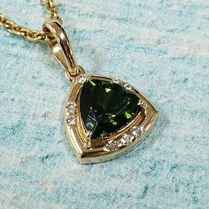14k Gold Trillion Green Tourmaline Pendant with Diamond