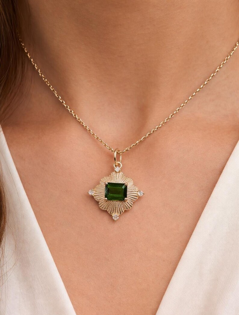 14k gold statement pendant green tourmaline emerald cut gemstone necklace