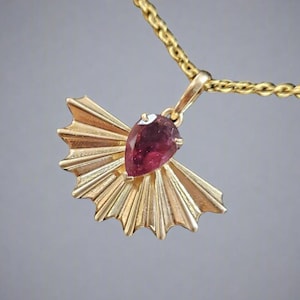 Natural Pink Rubellite 14k Gold Pendant Necklace, Gold Jewelry, Prong Setting, Art Deco, Pear Shape Rubellite, Fluted Gold Texture