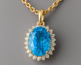 14k gouden hanger met Zwitserse blauwe topaas met diamanten – ovale halo edelsteenketting, december geboortesteensieraden