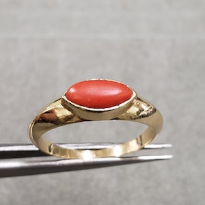 14k Gold Marquise Shape Coral Ring For Unisex, Italian Coral, Natural Red Coral, Birthstone Ring, High Polish, Daily wear