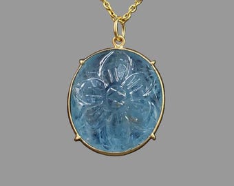 18k Gold Aquamarine Pendant | Hand-Carved Flower Necklace | Large Oval Gemstone Jewelry Gift for Her