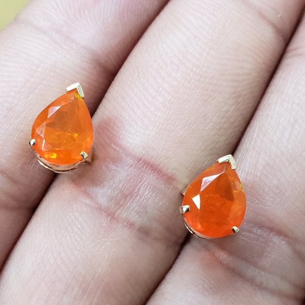 14k Gold Orange Fire Opal Studs, Minimalist Gold Earring, Birthstone Studs, Gold Stud Earrings, Perfect Pair, Gift for Her, Rare Stone
