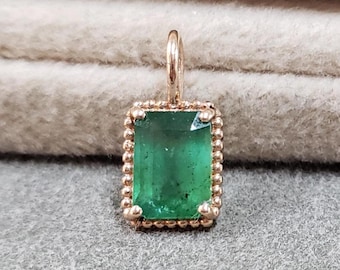 Handmade 14k Rose Gold Zambian Emerald Charm: Rectangle Pendant