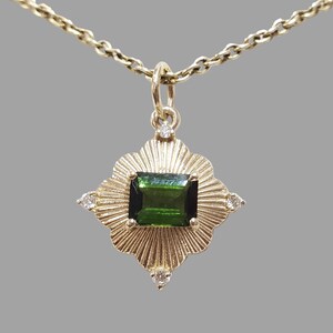 14k gold dark green tourmaline diamond pendant emerald cut gemstone necklace
