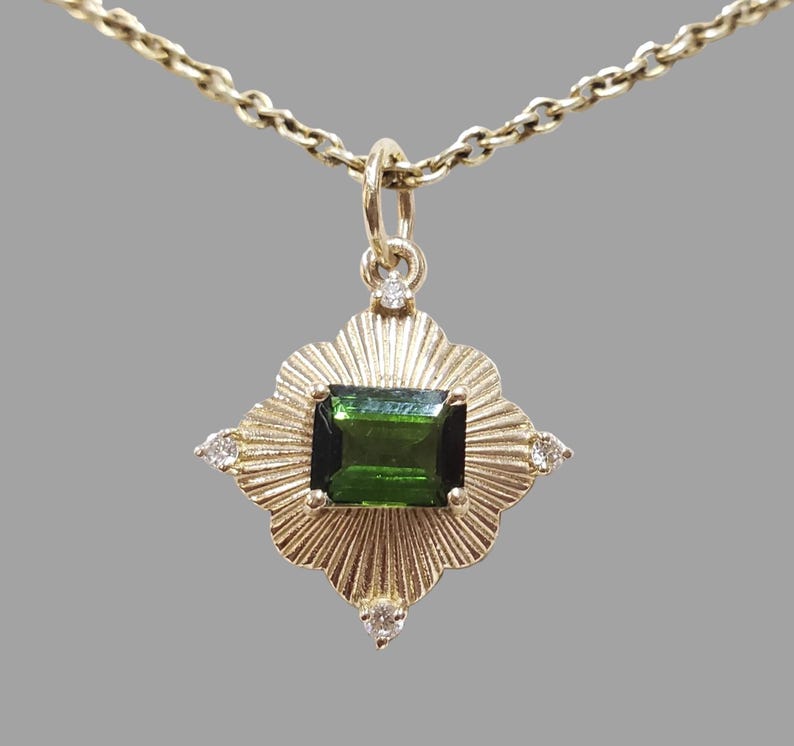 14k gold dark green tourmaline diamond pendant emerald cut gemstone necklace