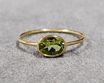 Green Peridot 14k Gold Statement Ring For Women, Bezel Setting, Oval Peridot, Gold Jewelry, Valentine&#39;s Gift, Gift for Her