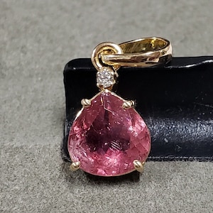 Natural Tourmaline with Diamond 14k Gold Pendant, Drop Shape, Gift for Her, Amazing Quality Diamond, Prong Setting, Pink Tourmaline