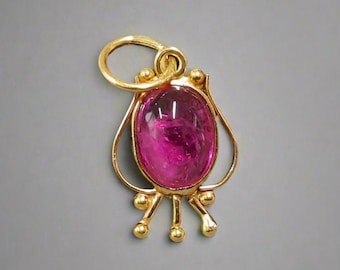 18k Gold Rubellite Pendant | Handmade Oval Cabochon Gemstone Necklace Charm | Fine Jewelry Gift