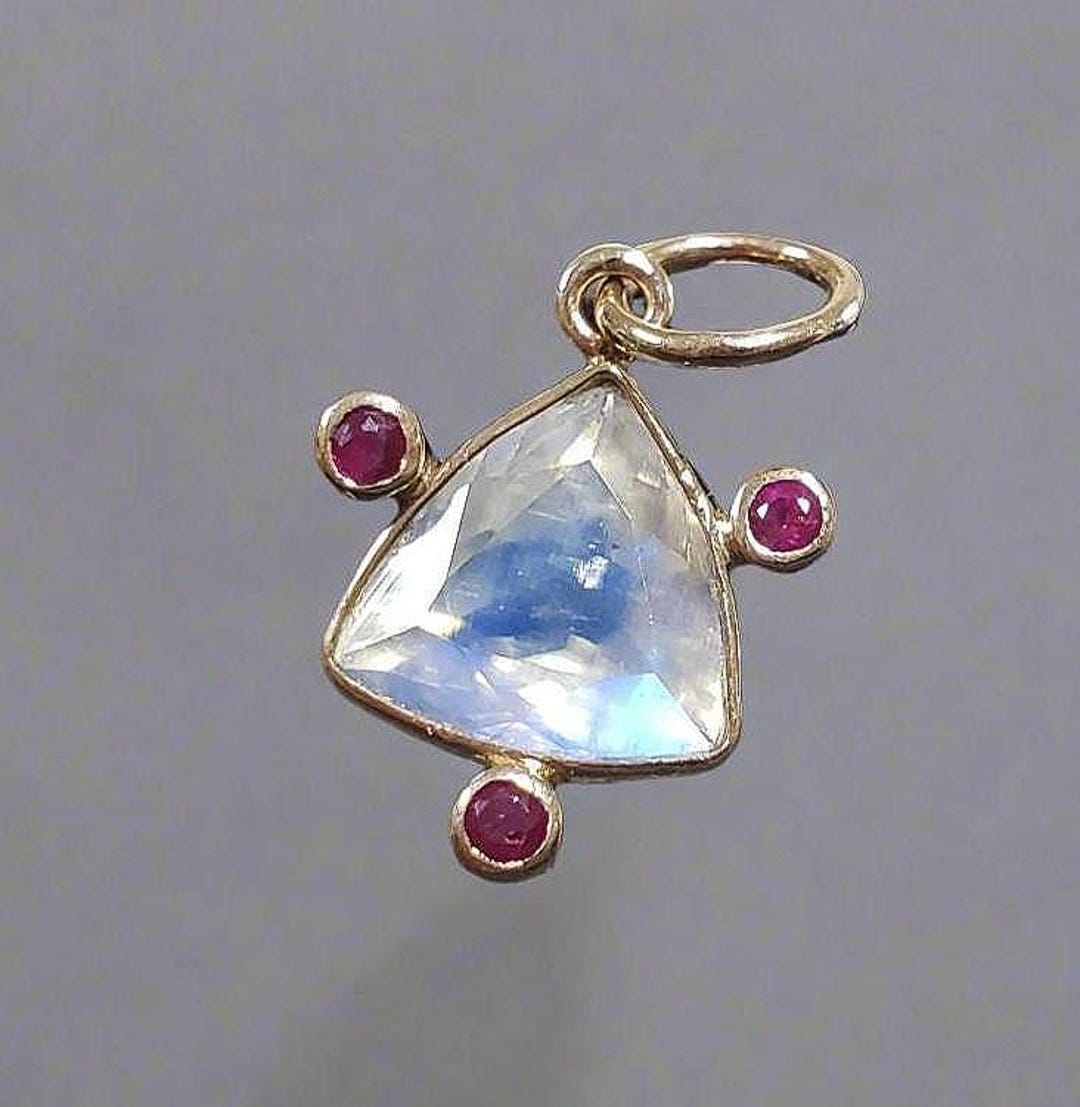 14k Gold Rainbow Moonstone and Ruby Pendant – Triangle Shape