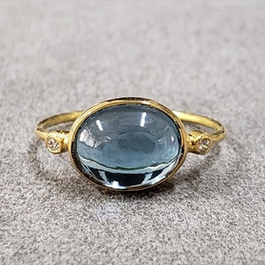 Cabochon Oval London Blue Topaz With Diamond 18k Gold Ring, Stacking Blue Topaz Ring, Transparent Topaz, Bezel Setting