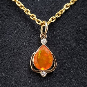 14k Gold Orange Ethiopian Opal Pendant, Diamond Pendant, Orange Fire Opal, Rare Color, Opal Jewelry, Orange & Fire Opal, Dainty Pendant