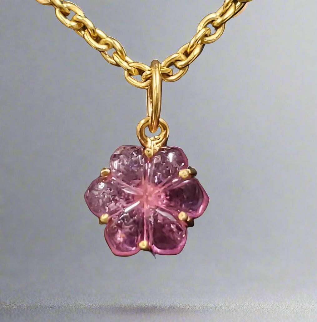Floral Carving 18k Gold Pink Tourmaline Pendant Necklace, Gold Jewelry, Natural Rubellite, Prong Setting, One-of-a-Kind Jewelry