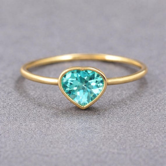 14k Gold Paraiba Apatite Heart Ring, Natural Blue Apatite Engagement Ring, Dainty Uncarved Heart Ring