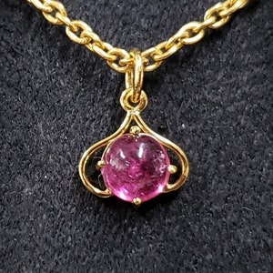 Natural Rubellite 14k Gold Women Pendant Necklace, Minimalist Round Shape Tourmaline Pendant, Cabochon Pendant, 1 Piece Available
