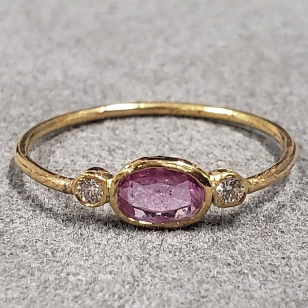 18k Gold Pink Sapphire with Diamond Ring, Oval Shape Sapphire, Excellent Shade, Birthday Gift, Love Gold Jewelry, Gift for Her