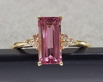 18k Gold Long Baguette Pink Tourmaline with Diamond Ring For Women, Prong Setting, Birthstone Ring, Best Gift Ring, Love Gold Ring