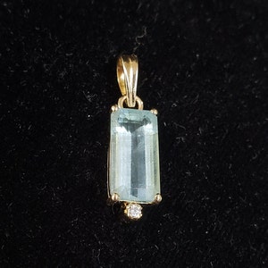 14k Gold Baguette Shape Aquamarine Pendant, Diamond Studded, Cute Accessory, Gold Jewelry, Anniversary Pendant, Pale Blue Aqua