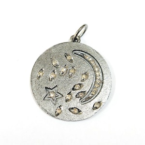 925 Sterling Silver Diamond Round Women Pendant, Star and Moon Diamond Pendant, Round diamond disc pendant necklace in silver, Girls Pendant