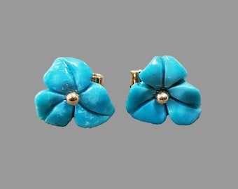 Hand Carved Turquoise Flower Earrings in 18k Gold, Sleeping Beauty Arizona Turquoise Studs