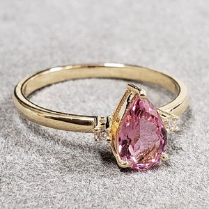 Teardrop 14k Gold Pink Tourmaline With Diamond Ring For Women, Prong Setting, Birthstone Ring, Best Gift, Anniversary Ring