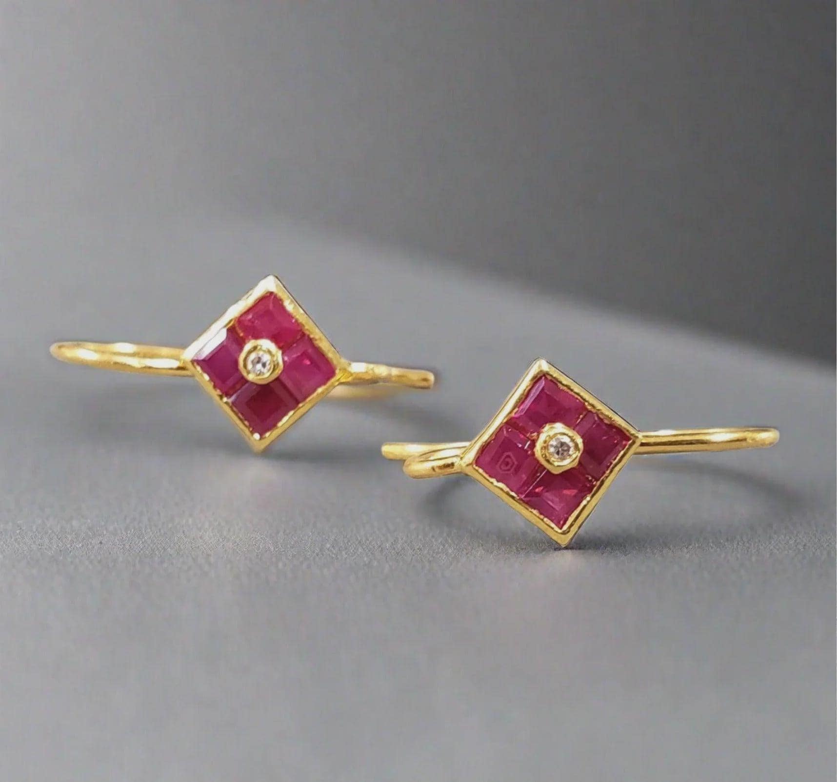 18k Gold Ruby Earrings Diamond Accent, Minimalist Jewelry, Channel