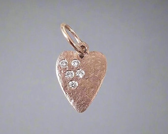 Hammered 14k Rose Gold Heart Pendant: Diamond Accent, Handmade