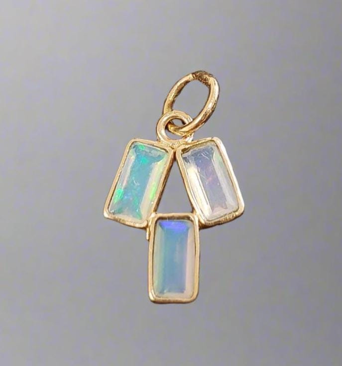 Trio of Light, Handmade 18k Gold Baguette Opal Pendant Necklace, Ethiopian Opal, Flashing Stone, Bezel Setting, Gift For Her
