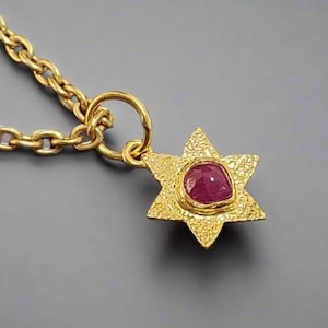 Könnte beinhalten: Goldfarbene Halskette mit sternförmigem Anhänger. Der Anhänger hat eine strukturierte Oberfläche und einen zentralen, oval geformten, rubinroten Stein. Die Kette ist im klassischen Glieder-Stil gehalten, vor grauem Hintergrund.
