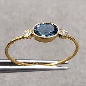 Oval London Blue Topaz With Diamond 18k Gold Ring, Stacking Blue Topaz Ring, Valentine's Gift, Love Gold Jewelry, Diamond studded