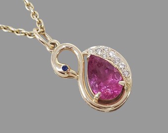 14k Gold Pink Tourmaline Pendant with Diamonds & Blue Sapphire – Handmade Luxury Jewelry Gift