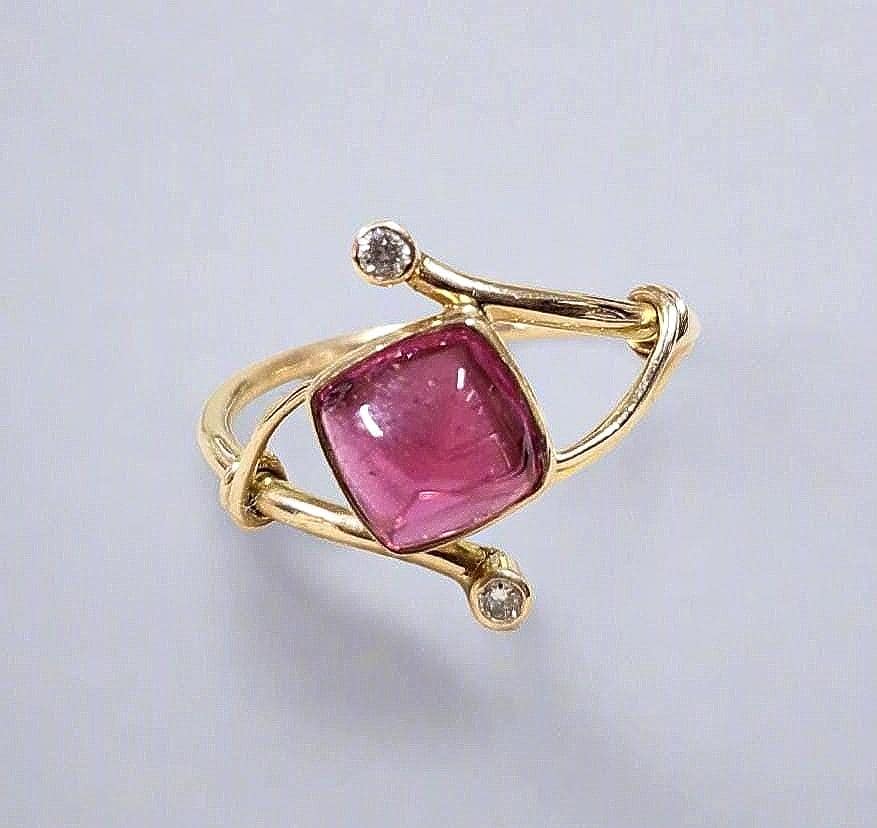 Lustrous Pink Tourmaline Cabochon 14k Gold Ring, Sugarloaf Rubellite, Gold Wrap, Boho Jewelry, Diamond Accents, One-of-a-Kind Jewelry Gift