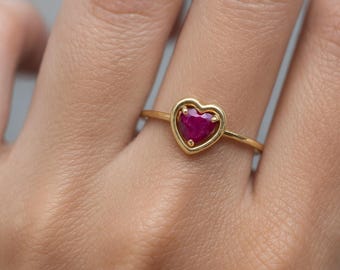 Solid 14k Gold Ruby Heart Ring – Dainty Stacking Ring, Handmade Romantic Love Jewelry for Women