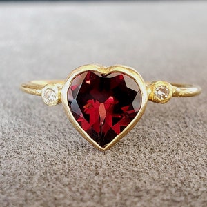 Handmade 18k Gold Red Garnet Heart Ring with Diamonds
