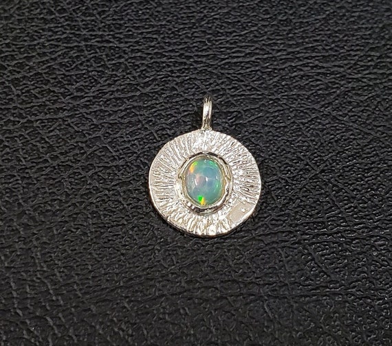 Hammered 925 Silver Charm: Ethiopian Opal Cabochon Pendant
