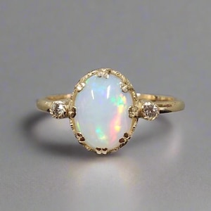 14k Gold Ethiopian Opal Ring: Diamond Accent, Handmade Statement Jewelry