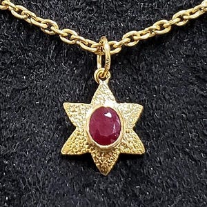 May include: A gold-colored necklace featuring a pendant in the shape of a six-pointed star. The star has a textured surface and a central oval-shaped, deep red gemstone. The chain is also gold-colored and has a link design.