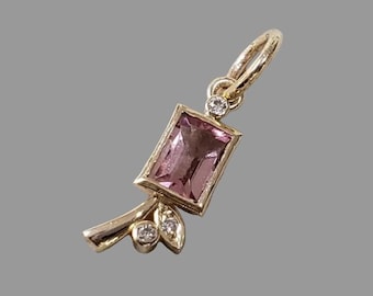 14k Solid Gold Baguette Pink Tourmaline Diamond Pendant, Minimal Nature Inspired Jewelry