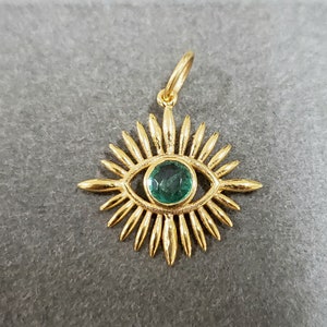 Evil eye 18k Gold Round Zambian Emerald Pendant, Christmas Gift, Precious Stone, Gold Findings, Faceted Emerald